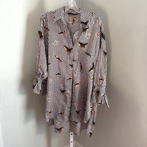 Zara Basic Collection Oversized Bird Print Top Burgundy Stripes Size Medium